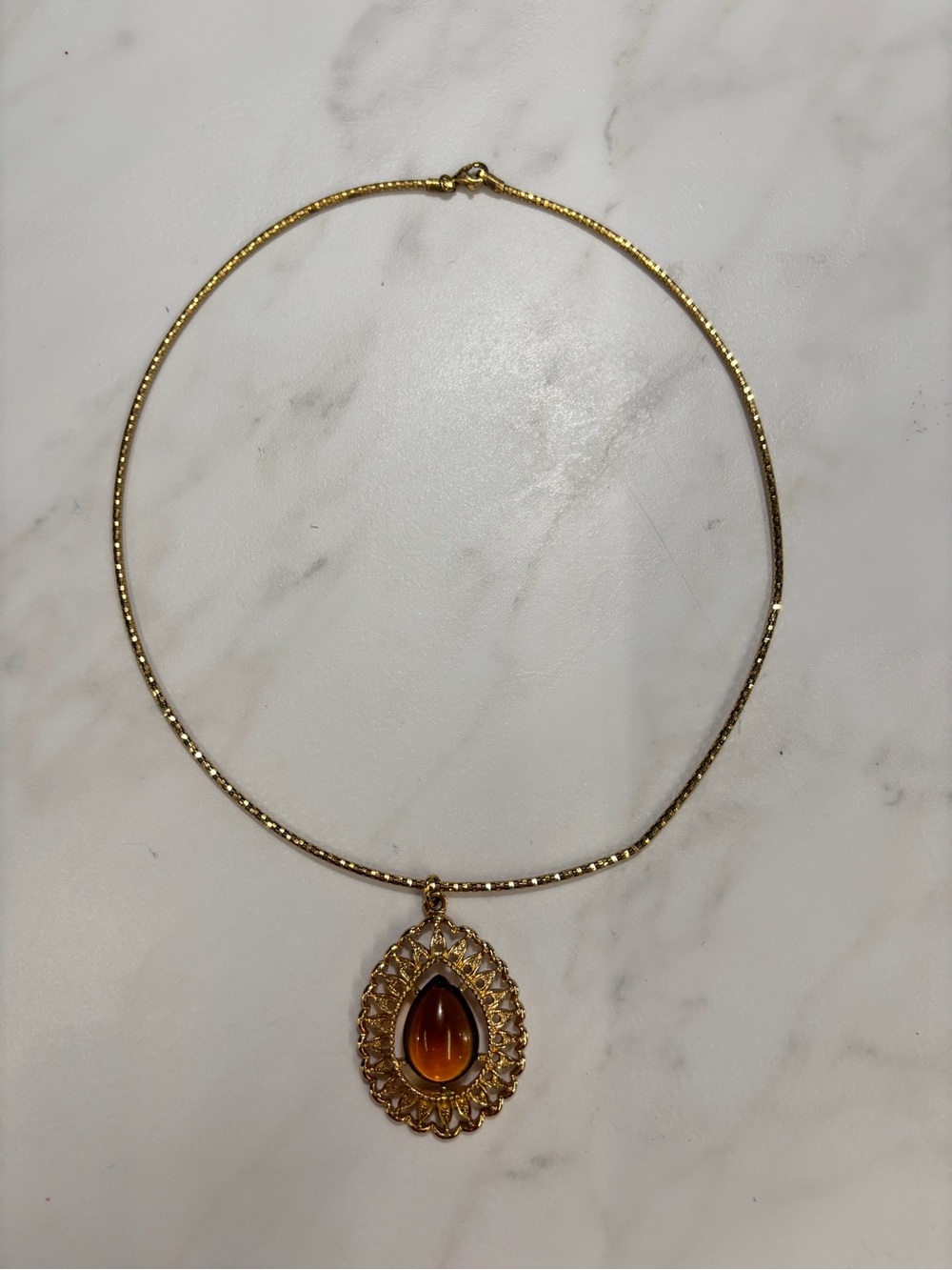 Gold-Tone Teardrop Pendant Necklace with Amber Stone